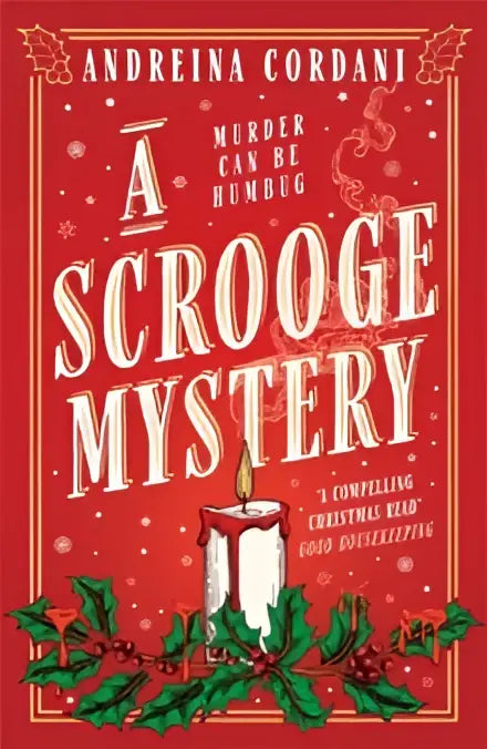 Rode boekomslag van a scrooge mystery met witte letters, kaars en hulstkransontwerp door andreina cordani