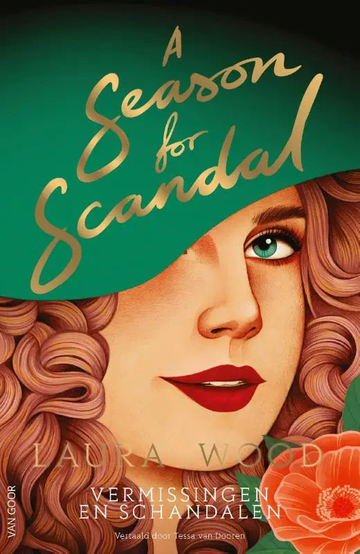 Een teal groene hoed met brede rand en gouden sierletters a season for scandal als boekomslagillustratie
