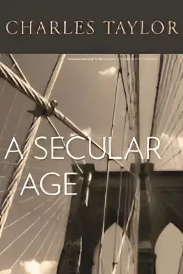 De sepia-kleurige boekcover van a secular age door charles taylor toont een ingewikkelde brug en behandelt het religieus leven in de seculiere leeftijd