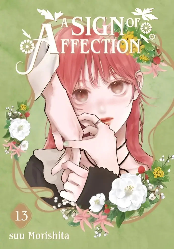 Een zacht groen boekomslag van a sign of affection 13 met een delicate illustratie van een roodharig anime meisje met bloemkransen
