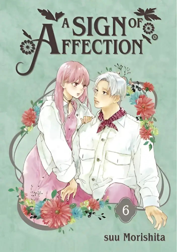 De cover van het zesde deel van a sign of affection toont een rozeharige meisje en zilverharige jongen in anime stijl