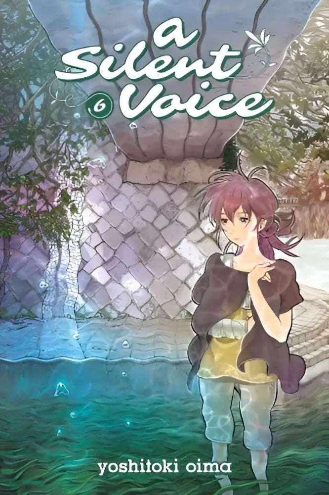 Een zachtpaarsharig anime meisje staat naast een blauw vijver in silent voice vol 6 met gele top en bruine cape