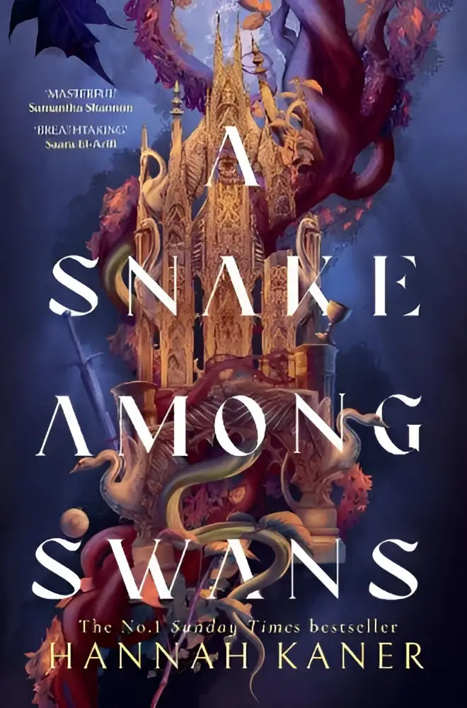 Een gouden gedetailleerd kasteel met sierlijke torenspitsen en een slang eromheen in snake among swans