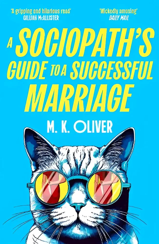 Cartoon kat met stijlvolle blauwgele bril op de cover van a sociopaths guide to a successful marriage door m
