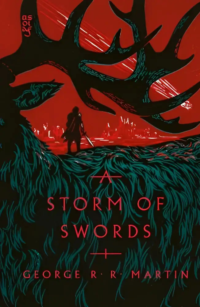 Een opvallende rode en teal geïllustreerde boekcover voor a storm of swords van george r met thema ice and fire