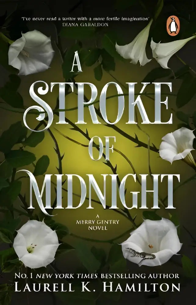 Boekomslag van a stroke of midnight urban fantasy serie van transworld publishers ltd met witte bloemen op donkergroene achtergrond