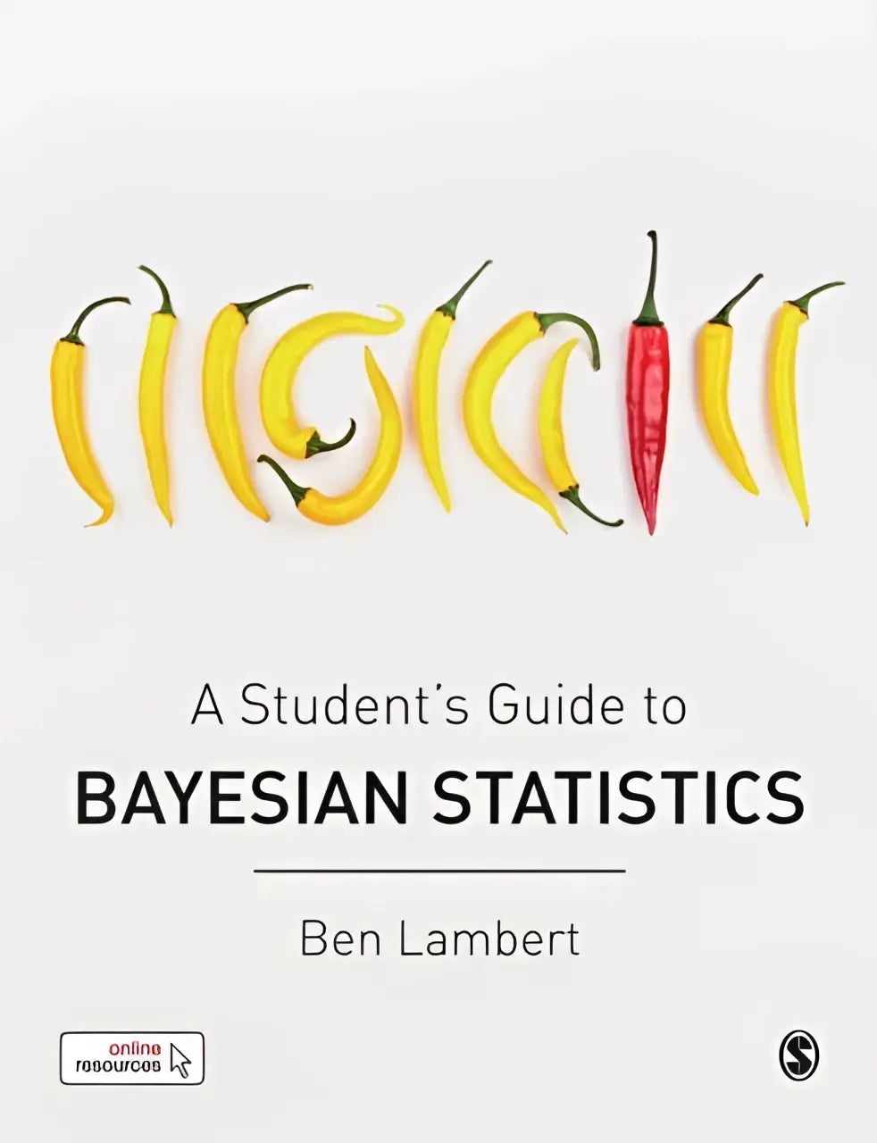 A student’s guide to bayesian statistics book with a minimalist cover featuring yellow and red chili peppers in bayesian shape above the title