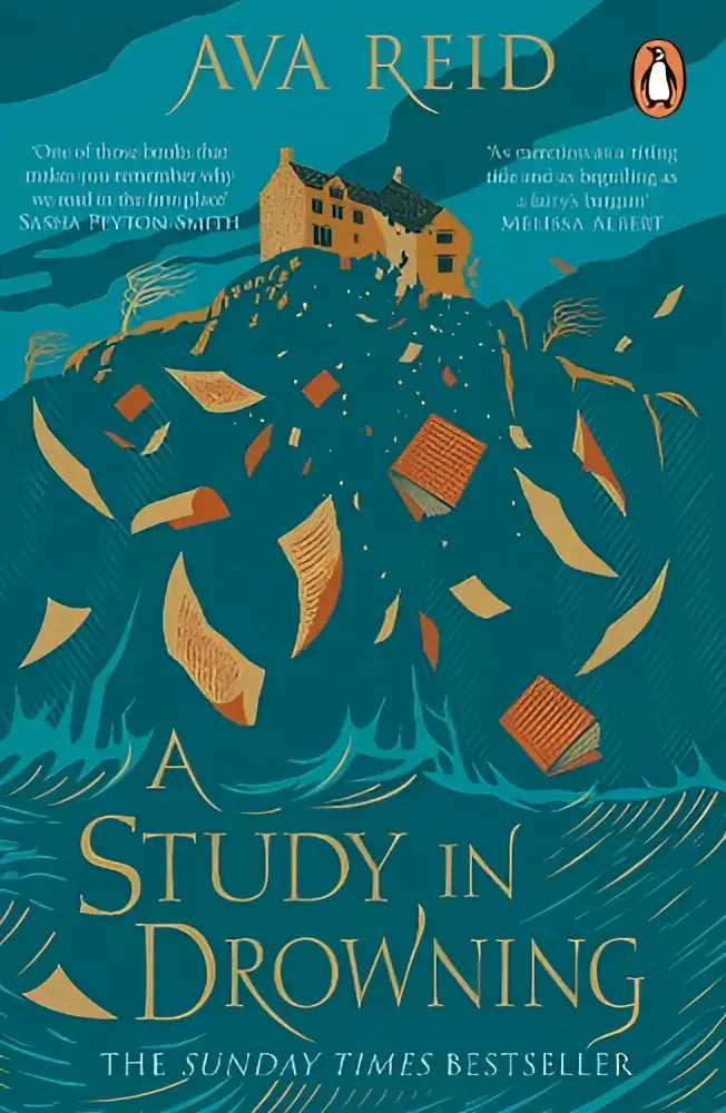 Het boek a study in drowning door ava reid toont teal en gouden huizen op een heuvel met vallende papieren voor jonge lezers
