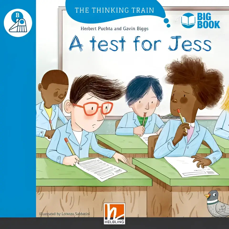 Grootboek A test for Jess met kleurrijke kinderen in blauwe uniformen aan groene tafels