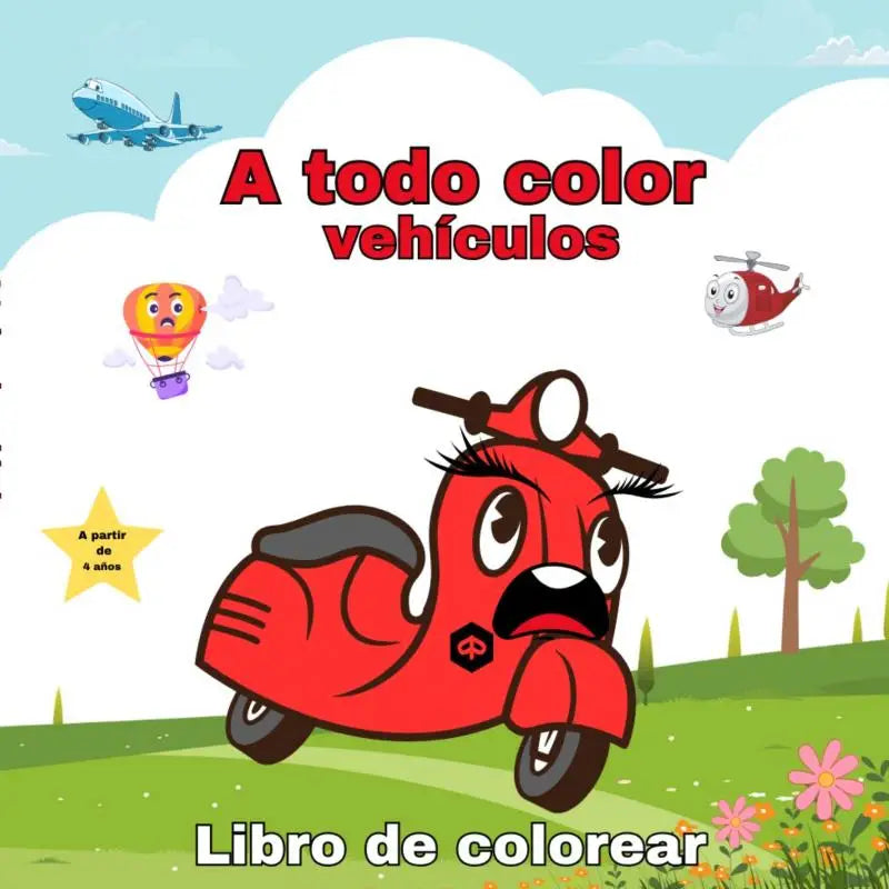 Rode cartoon scooter met zwarte handgrepen en wielen en expressieve ogen in todo color-vehiculos kleurboek voor jonge lezers