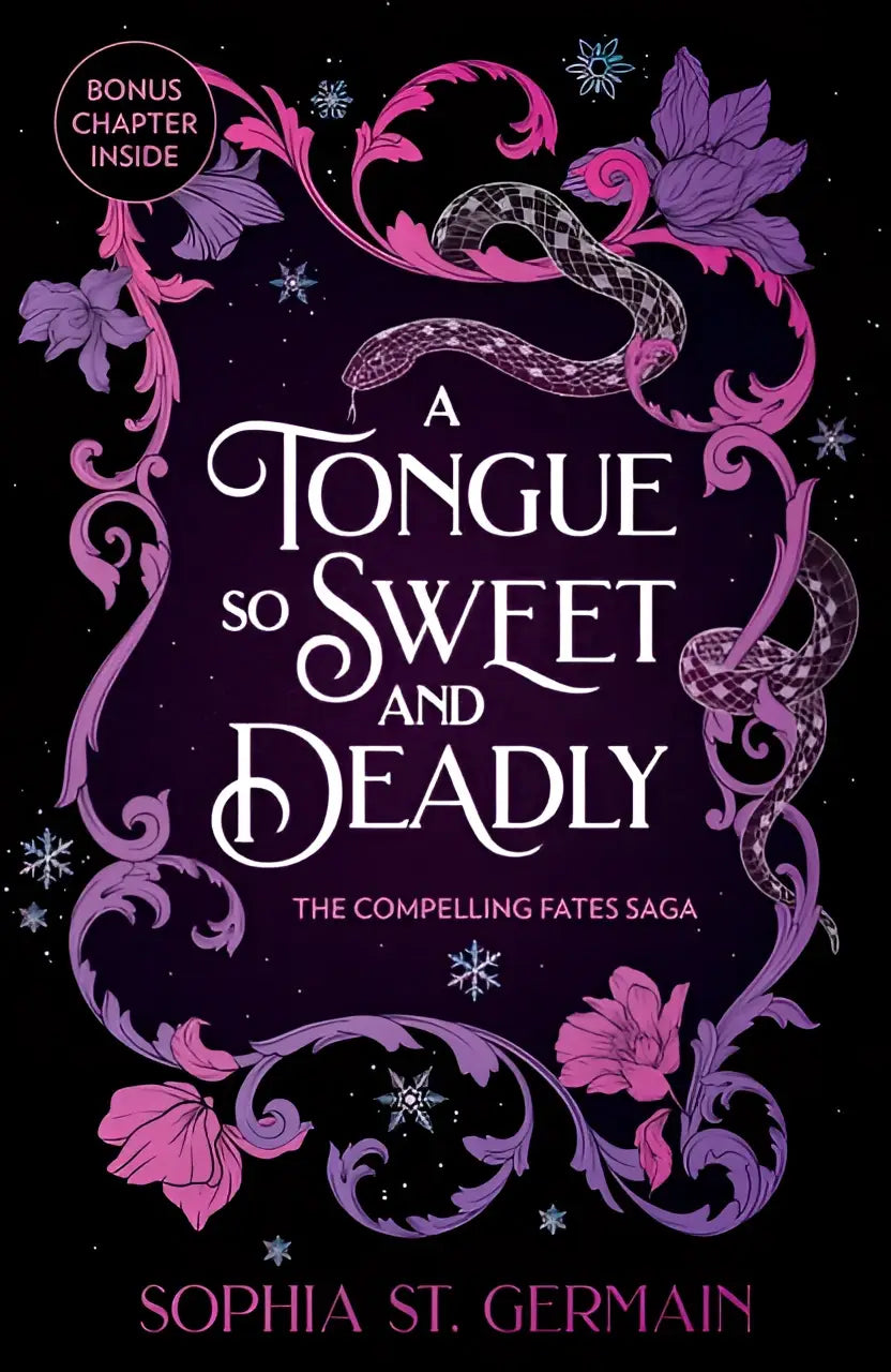 A dark purple book cover for a tongue so sweet and deadly by sophia st germain featuring a coiled snake she can