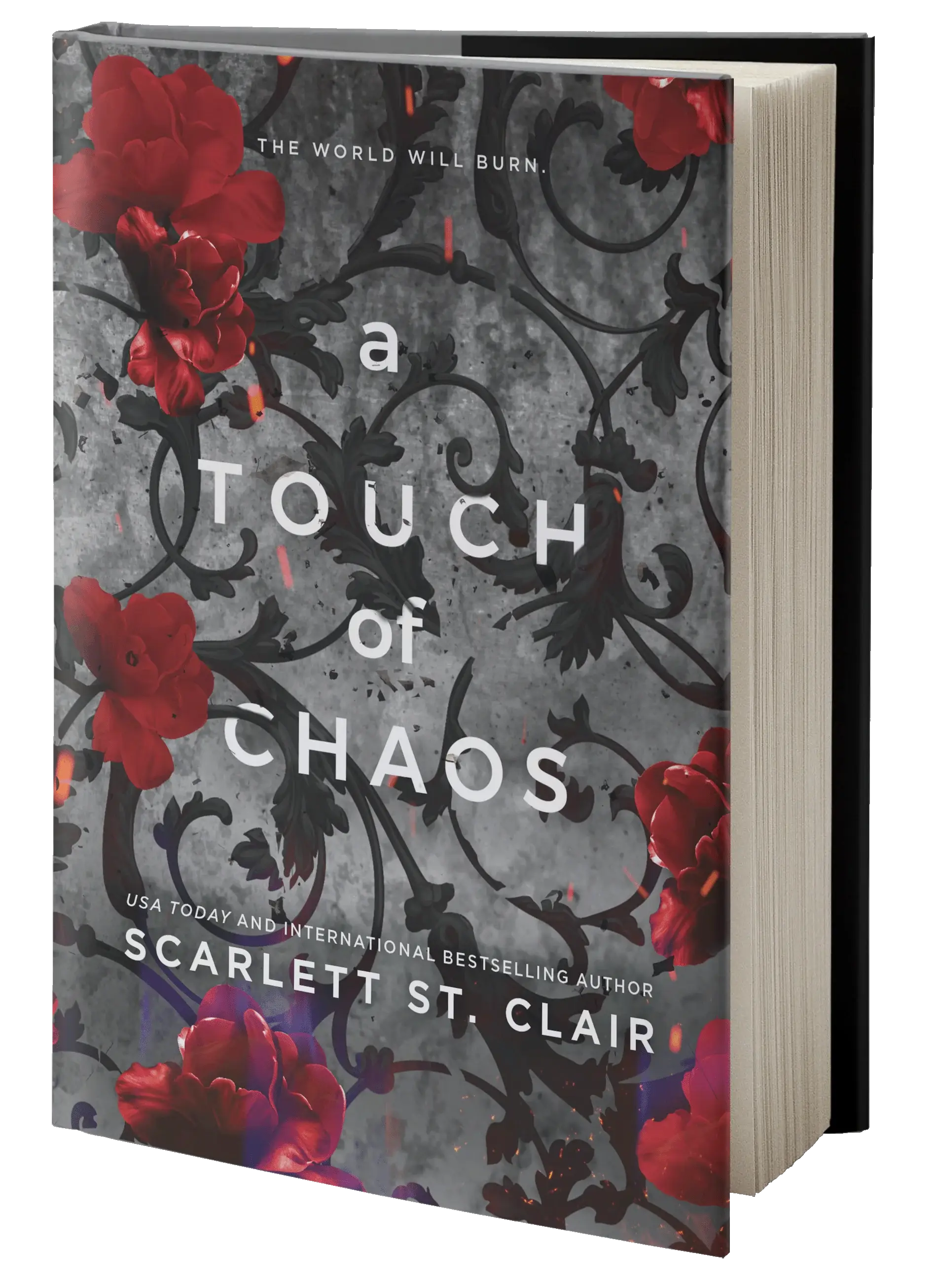 Een hardcover boek getiteld a touch of chaos met een donkergrijze kaft, zwarte filigraan en rode bloemen, thema hades x persephone