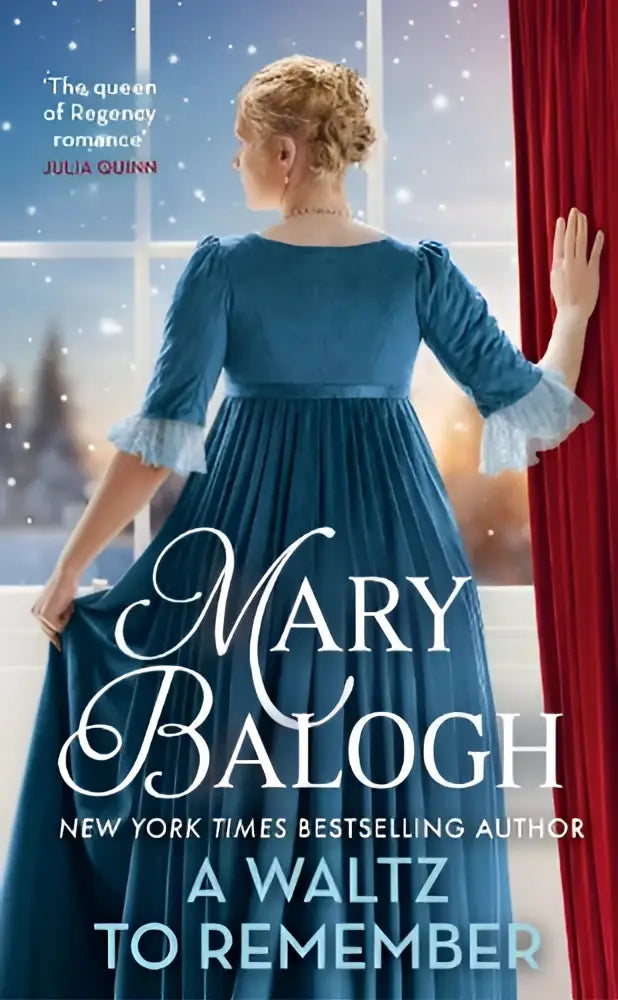 A woman in a deep blue regency-era gown stands by a window in a waltz to remember by brown book group