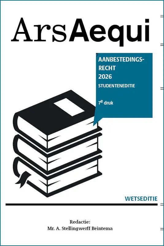 Zwart-wit grafische afbeelding van gestapelde boeken op de voorkant van een publicatie over aanbestedingsrecht