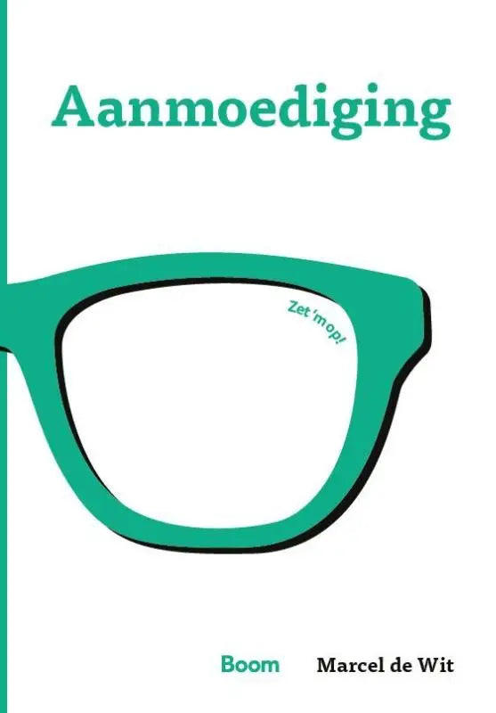 Teal kleurige minimalistische bril met tekst zet m op ingeschreven op het glas uit de productlijn aanmoediging