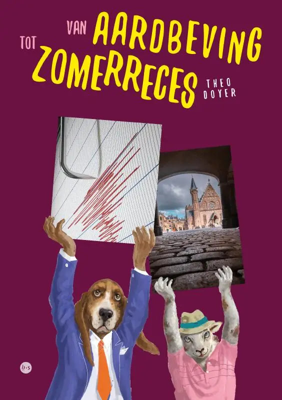 De boekcover van van aardbeving tot zomerreces toont een basset hond in blauw pak en een schaap met strohoed voor jonge lezers algemene kennis