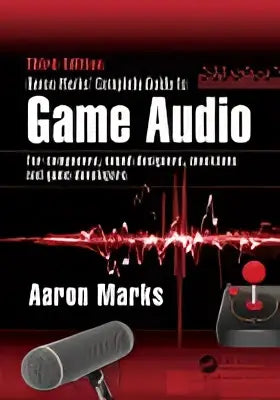 Rood en zwart game audio boekomslag met microfoon, joystick en geluidsgolven voor aaron marks complete gids