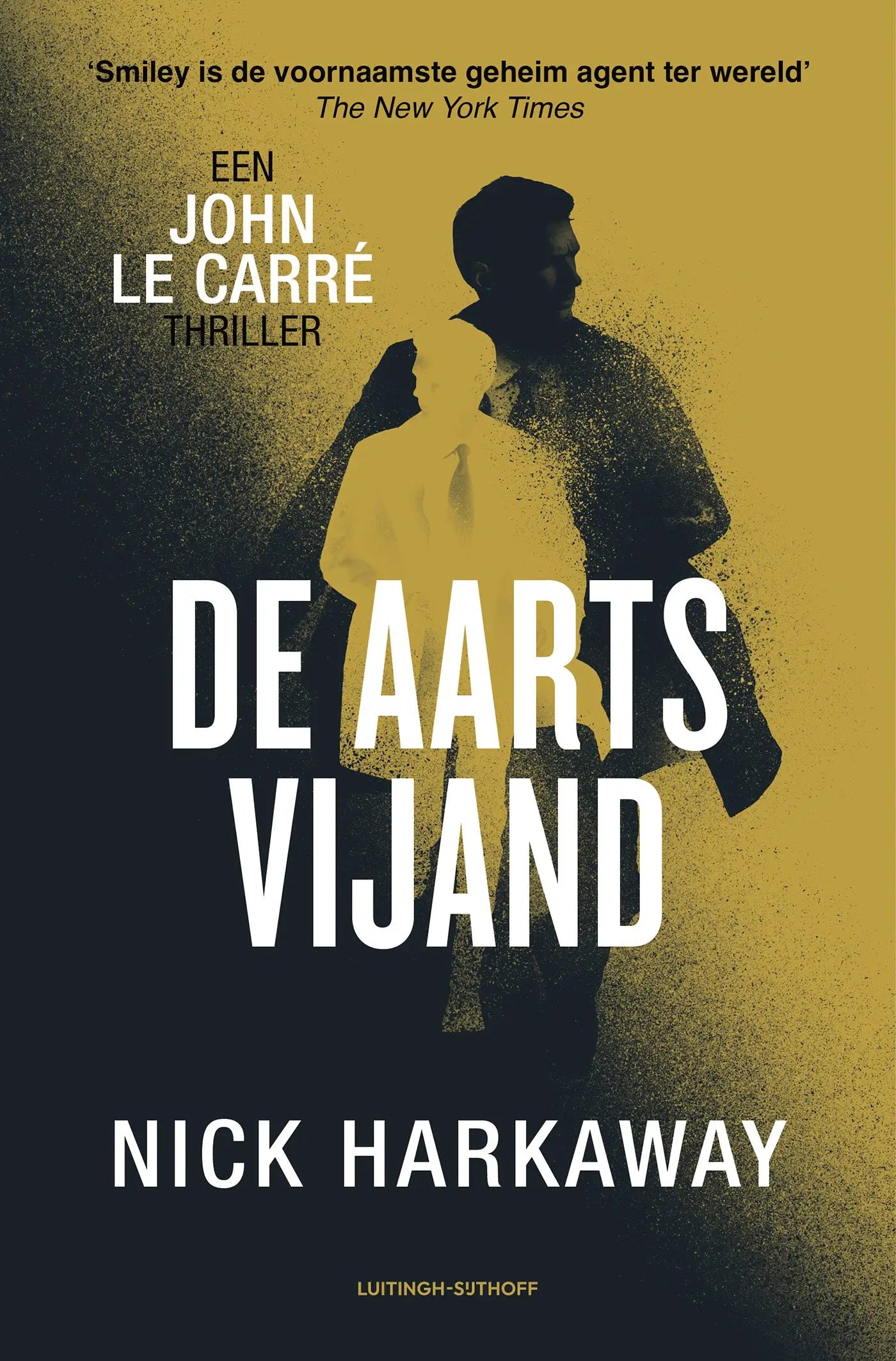 Yellow and black book cover of de aartsvijand by nick harkaway featuring silhouettes of two men in silhouette