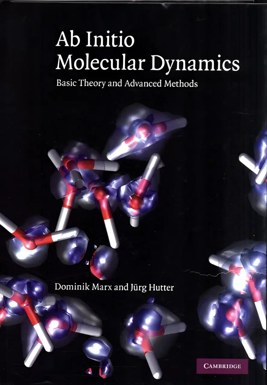Zwart boek met moleculair model in paars en rood getiteld ab initio molecular dynamics door marx en hutter