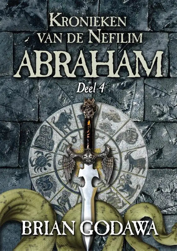 Een zilveren zwaard met een sierlijk gevleugeld handvat en gedetailleerd lemmet rust verticaal op een cirkelvormige zodiac wheel abraham brian godawa scholten uitgeverij