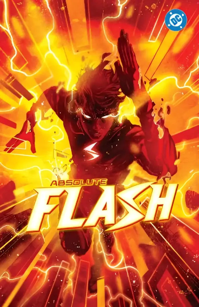 De cover van absolute flash vol 1 of two worlds toont flash in rood pak met gele bliksemschichten