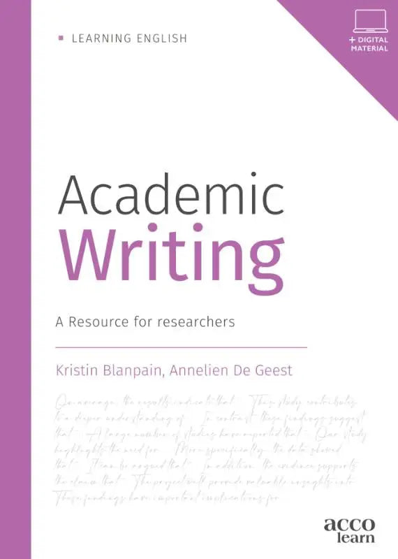 Paars-witte boekcover van academic writing een resource voor researchers van kristin blanpain en annelien de geest over engelse taal