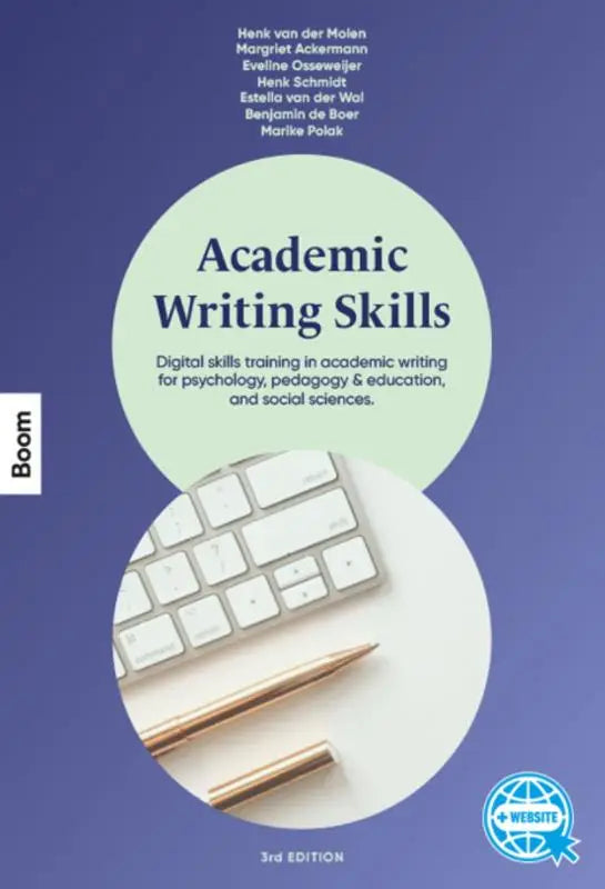 De boekomslag van academic writing skills toont een wit toetsenbord en gouden potloden op een lichtgroene achtergrond
