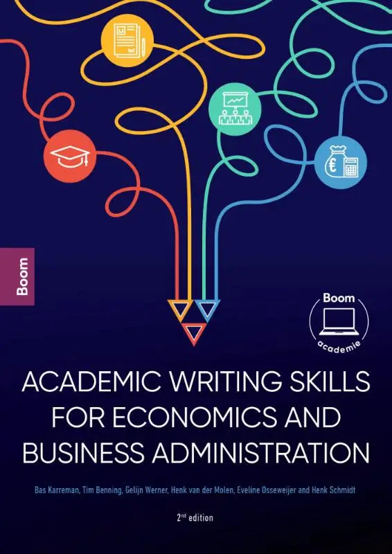 The book cover for academic writing skills for economics and business administration features a dark blue background with colorful interconnected icons representing writing skills for economics