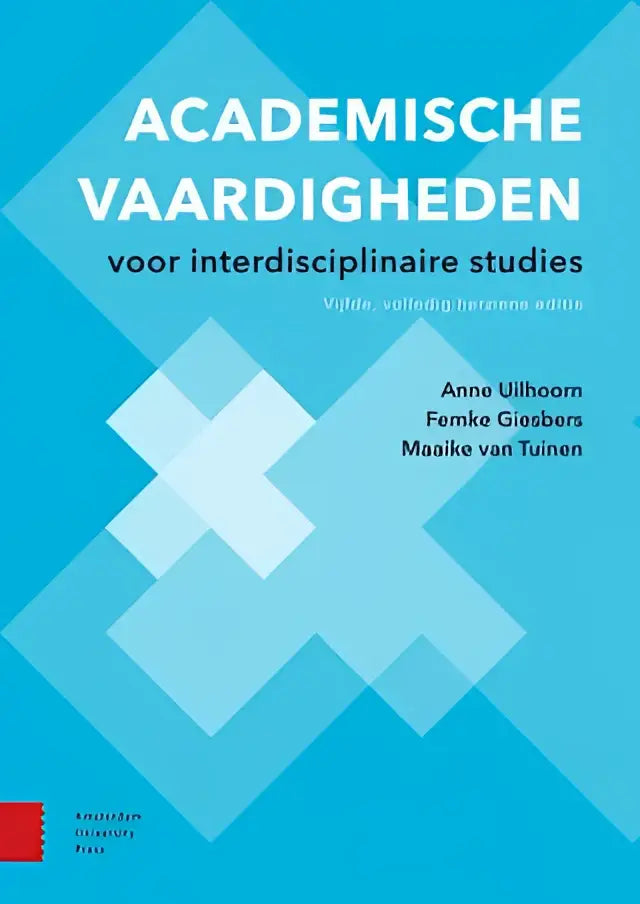 Blauw academisch studieboek met witte en lichtblauwe diamantpatronen over academische vaardigheden voor interdisciplinaire studies, herziene druk