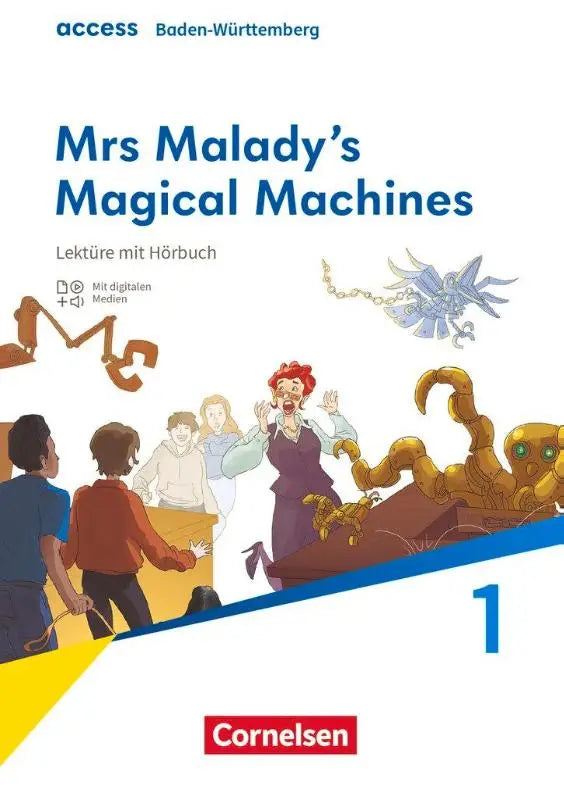 Cover van access band 1 5e leerjaar met kleurrijke illustratie van kinderen en magische machines van mrs malady