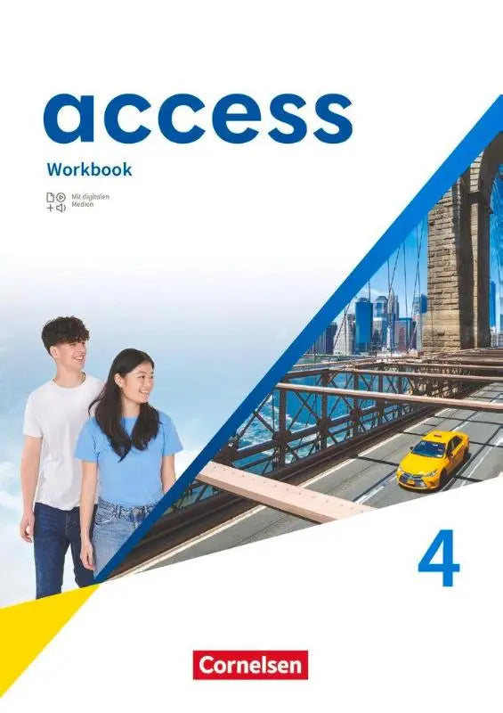 Blauw-wit access band 4 workbook mit digitalen medien met jong koppel op brooklyn bridge en gele taxi, allgemeine ausgabe