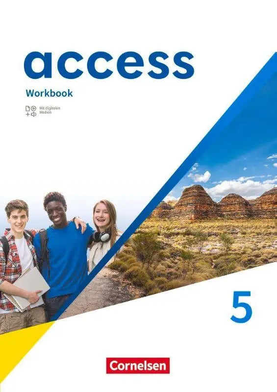 Blauw witte access band 5 workbook mit digitalen medien met lachende studenten voor woestijnlandschap