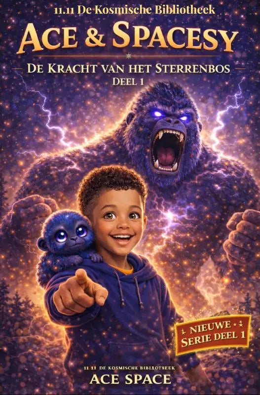 Paars geïllustreerd boekcover ace space met jonge lezers en een kosmische bibliotheek met boy en gorilla