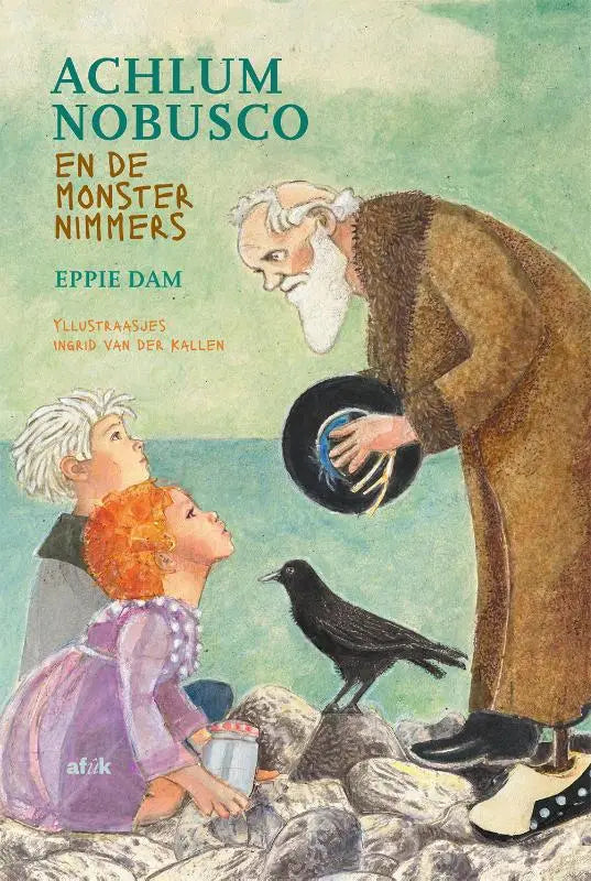 Het boek achlum nobusco en de monsternimmers toont een oudere man in bruine bontkleding met een zwarte hoed met blauwe rand en twee kinderen plus een kraai