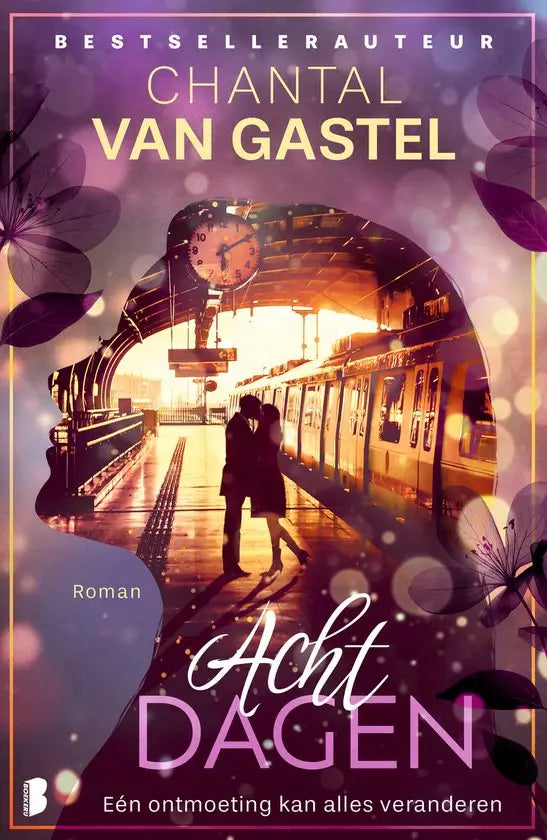 Boekcover van acht dagen door chantal van gastel met paar kussend op station binnen silhouet van vrouw