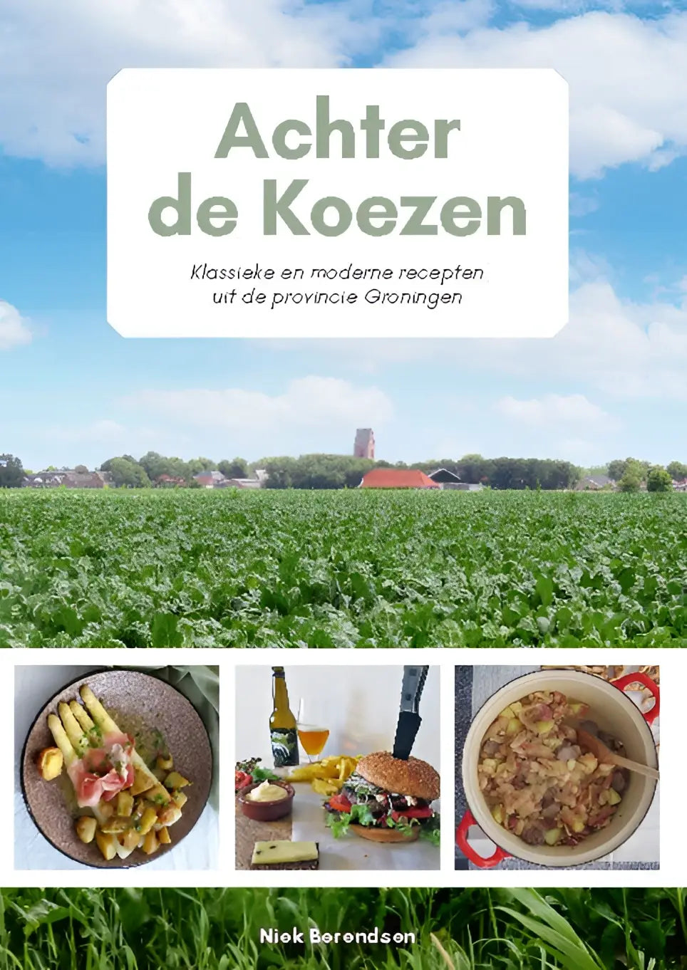 De voorkant van het kookboek achter de koezen met afbeeldingen van gerechten en een landschap uit provincie groningen