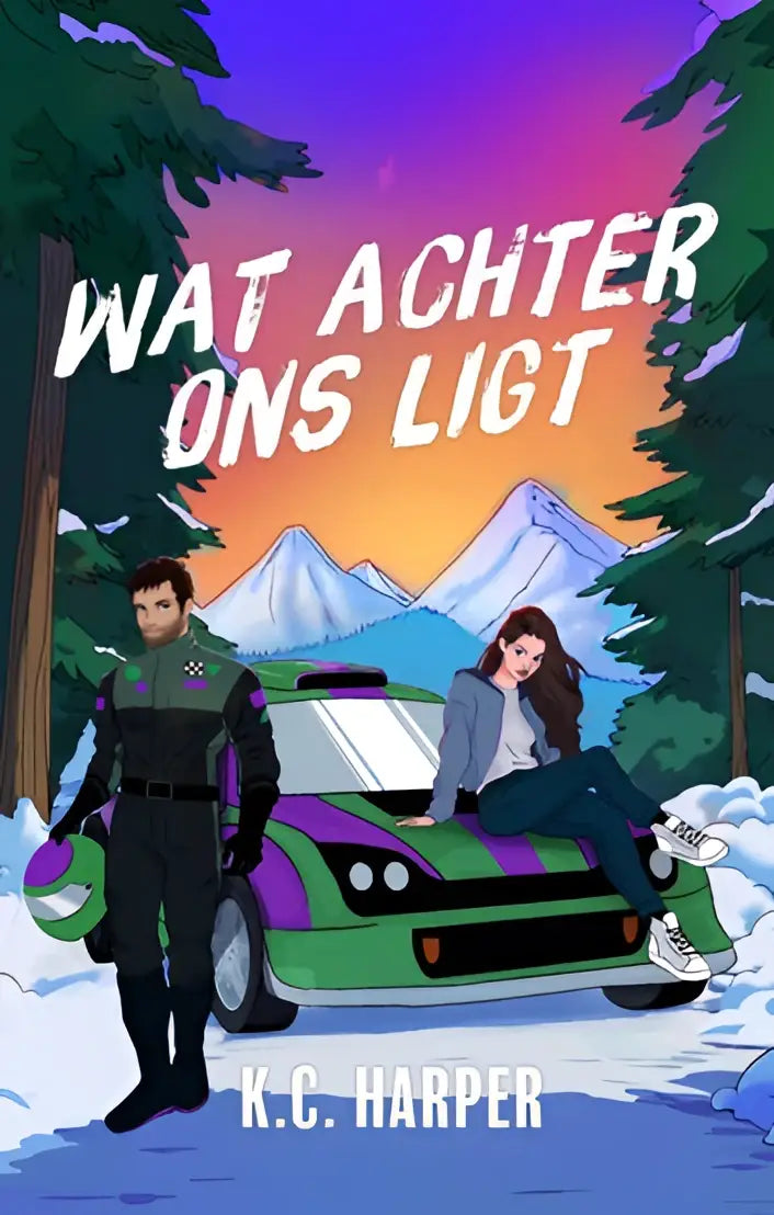 Een levendige groene en paarse sportwagen met een gestroomlijnd aerodynamisch ontwerp staat in de sneeuw genaamd Wat achter ons ligt
