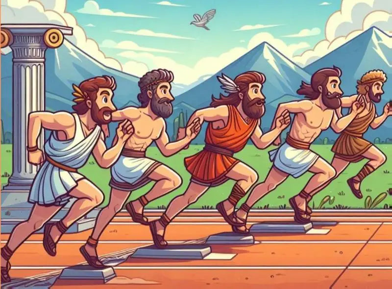 Vijf gespierde oude griekse hardlopers in kleurrijke tunieken rennen en symboliseren actief met oudgrieks en kunstmatige intelligentie