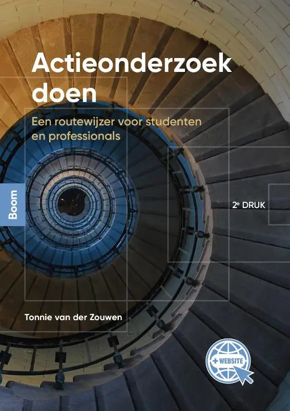 Boek cover van actieonderzoek doen met titel in witte letters en spiraaltrap afbeelding uitgegeven door koninklijke boom uitgevers