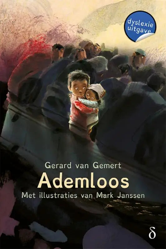 De voorkant van het kinderboek Ademloos door Gerard van Gemert met een jongen die een baby vasthoudt in een menigte