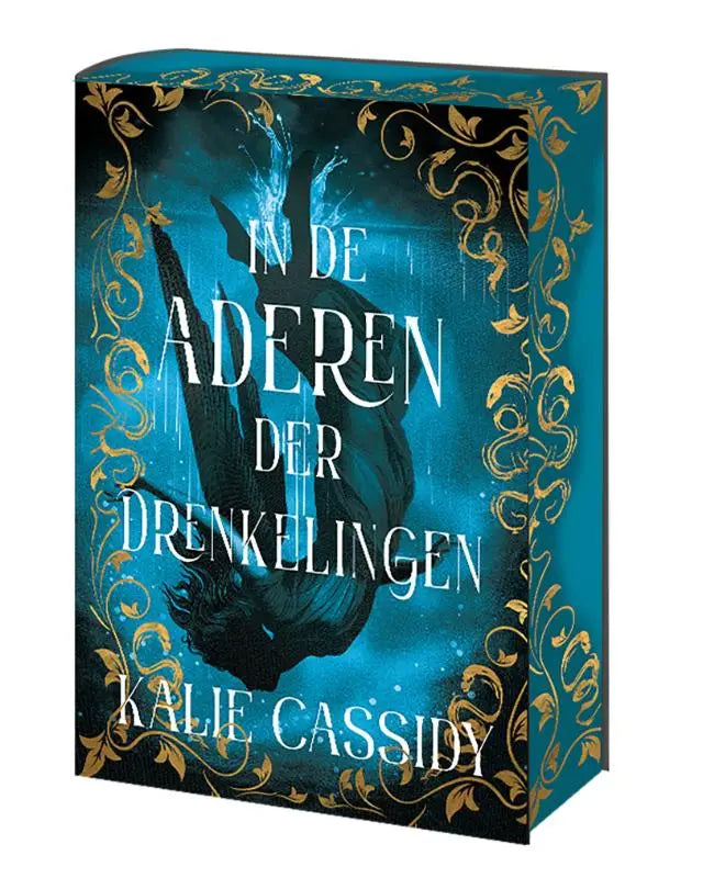 Teal en gouden boekomslag met donkere silhouet en aquatisch thema voor in de aderen der drenkelingen kalie cassidy donkere romantasy mythologische fantasy