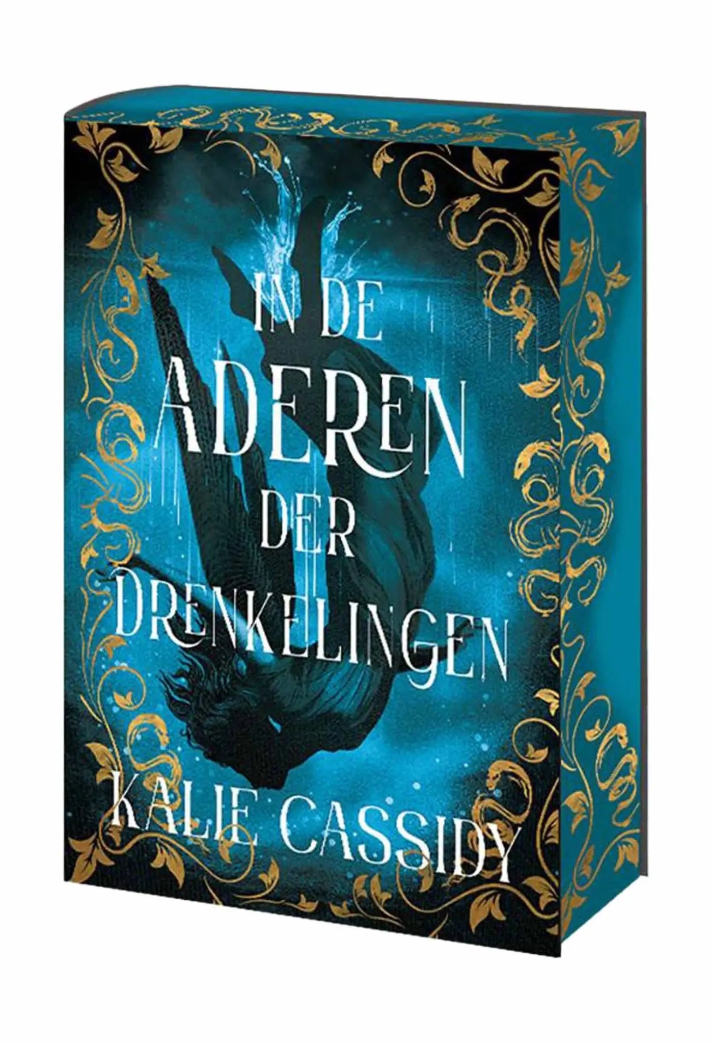 Donker teal en gouden boekomslag van in de aderen der drenkelingen door kalie cassidy nederlandse romantasy fantasy romance