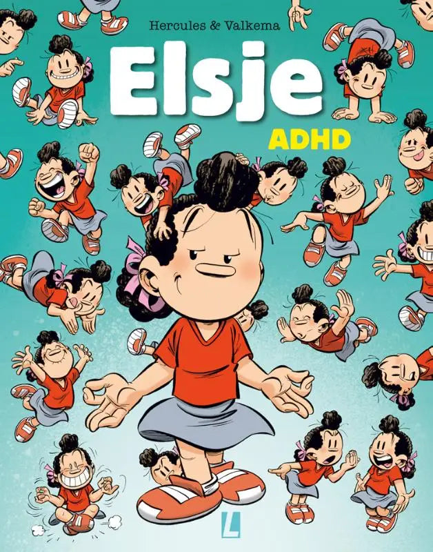 De cover van het stripboek elsje adhd door eric hercules en valkema toont een meisje met zwarte staartjes en oranje shirt geschikt voor algemeen publiek