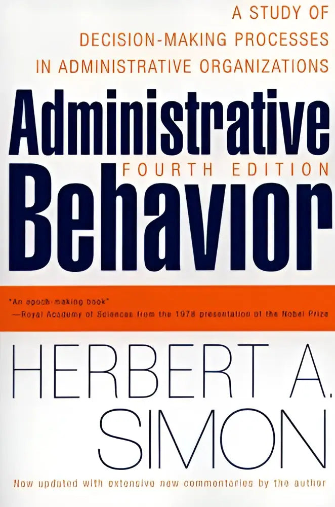 De boekomslag van administrative behavior 4th edition door herbert a in blauwe en witte kleuren voor studie administratief gedrag