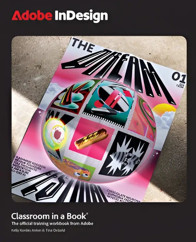 De cover van adobe indesign classroom in a book 2025 release toont een levendig abstract ontwerp met zwart wit graphics op roze achtergrond