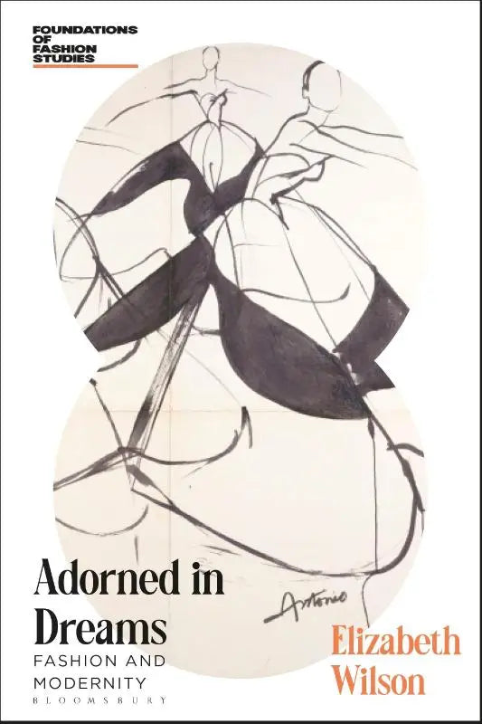 Het boek adorned in dreams toont een zwart-wit mode schets van elegante jurken over fashion and modernity