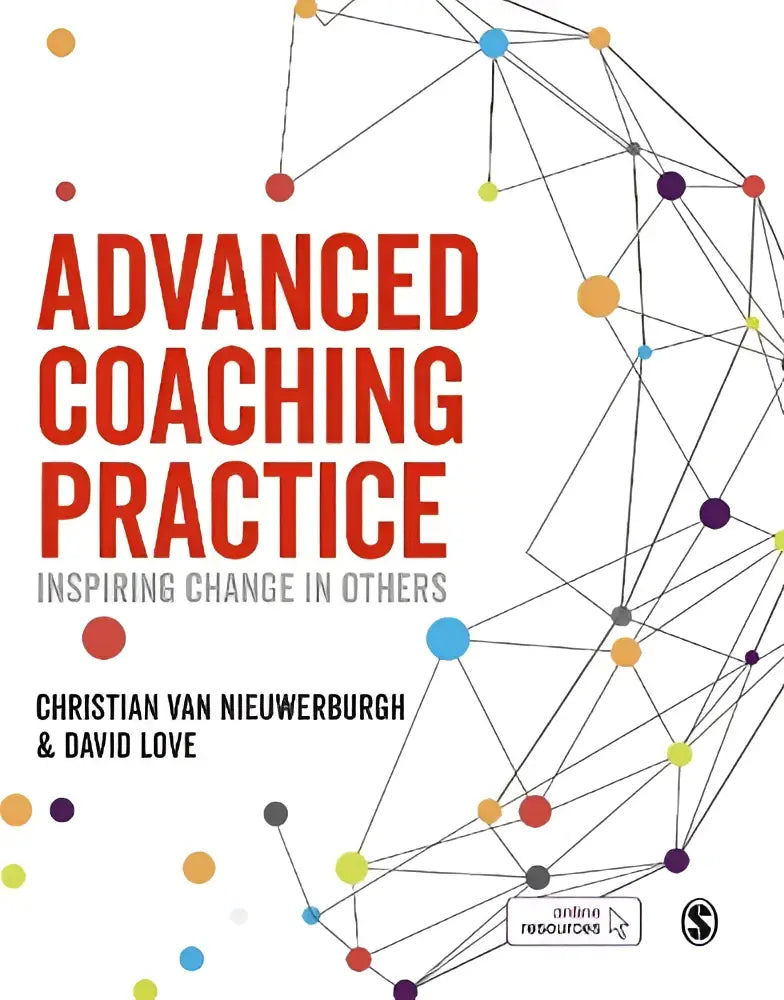 De boekcover van advanced coaching practice van christian van nieuwerburgh en david love toont rood tekst op wit met netwerk design