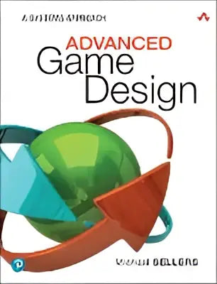 De cover van het boek advanced game design door michael bellers toont een gestileerde 3d bol met geometrische vormen in teal en oranje