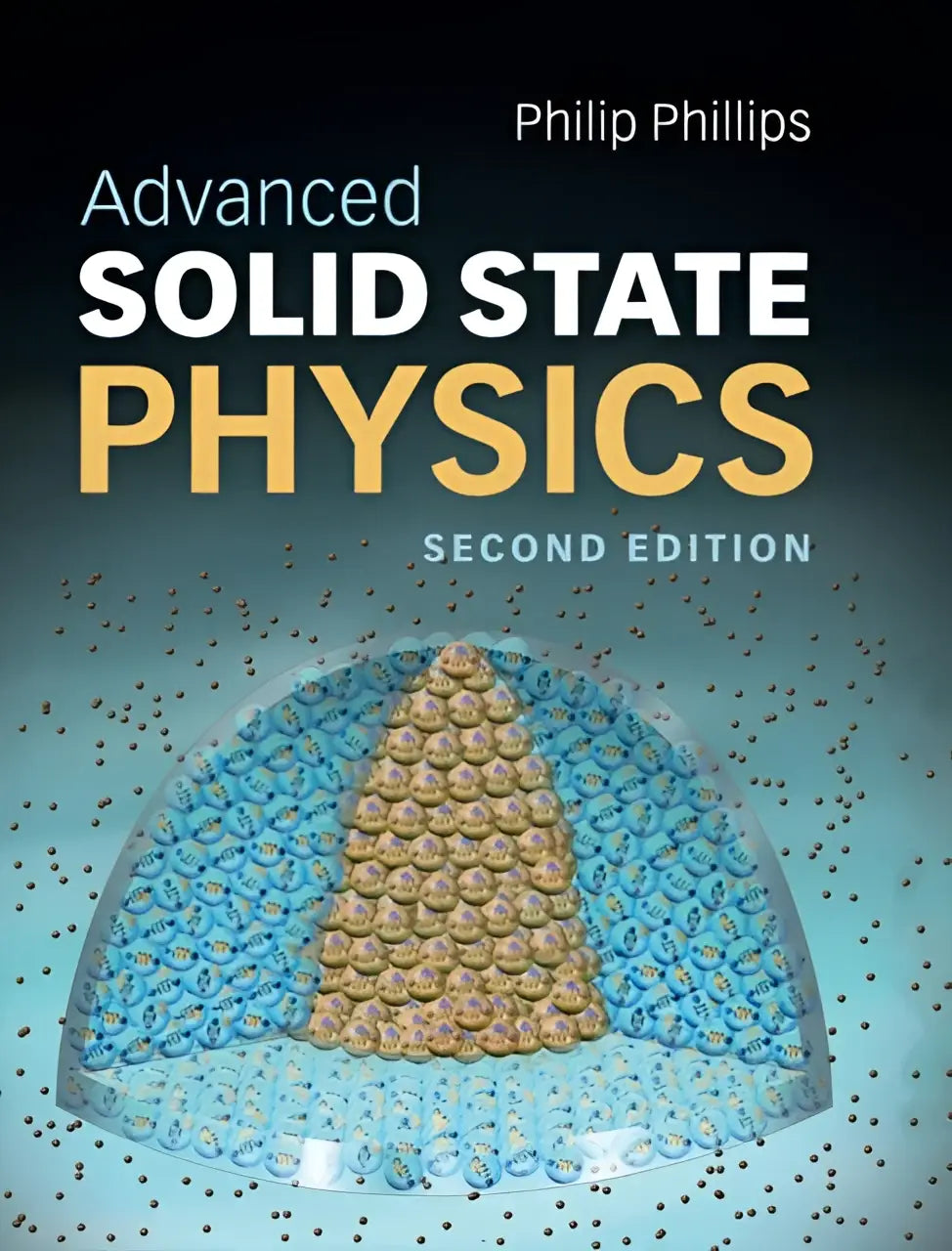 De omslag van advanced solid state physics tweede editie toont een gestileerde illustratie van atomen in een kristallijne structuur