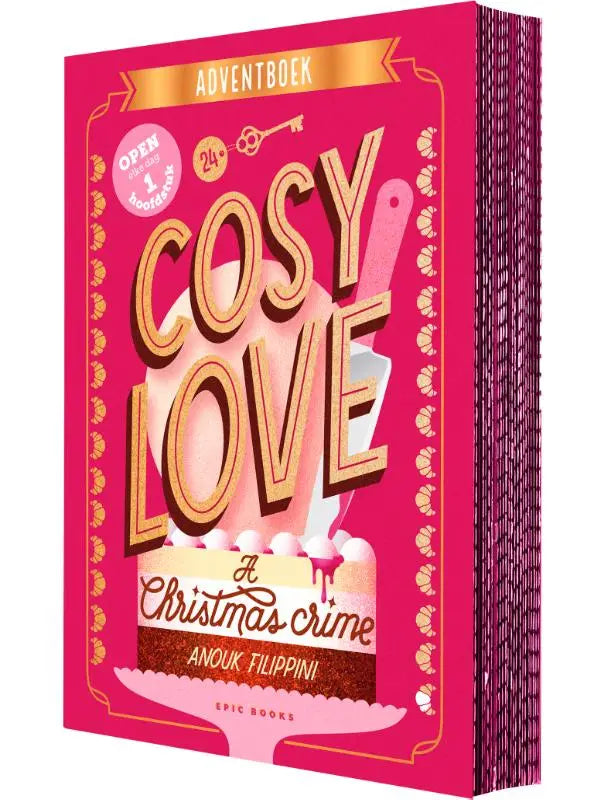 Een levendig roze adventboek cosy love a christmas crime van anouk filipini met gouden foliedruk en feestelijke illustratie